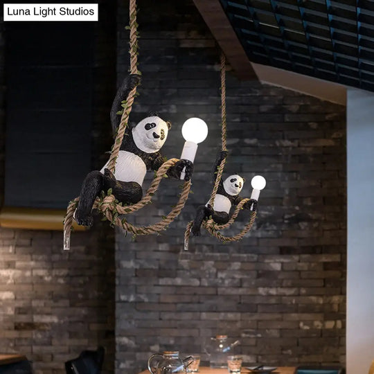 Creative Resin Panda Pendant Light Fixture With Rope Rod Black And White 1-Bulb Hanging Lamp Kit