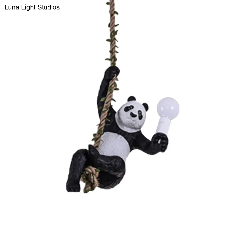 Creative Resin Panda Pendant Light Fixture With Rope Rod Black And White 1-Bulb Hanging Lamp Kit