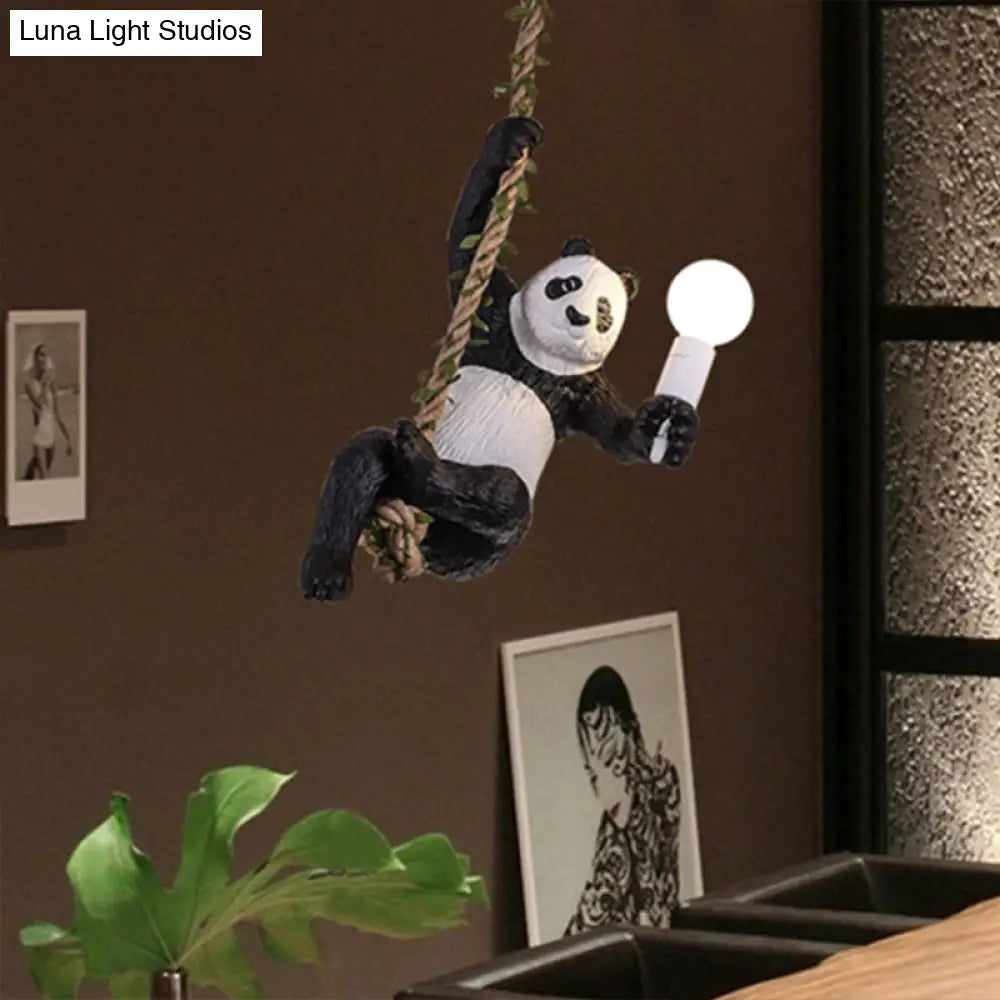 Creative Resin Panda Pendant Light Fixture With Rope Rod Black And White 1-Bulb Hanging Lamp Kit