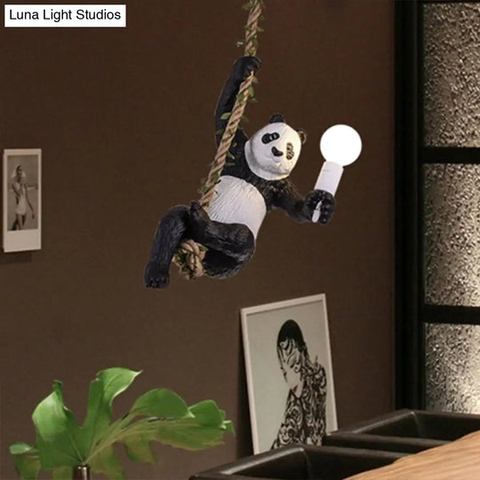 Creative Resin Panda Pendant Light Fixture With Rope Rod Black And White 1-Bulb Hanging Lamp Kit