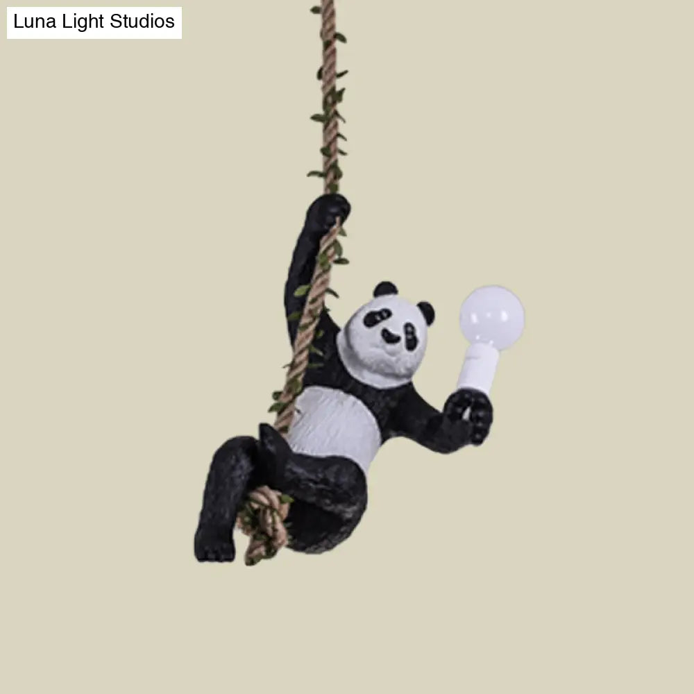 Creative Resin Panda Pendant Light Fixture With Rope Rod Black And White 1-Bulb Hanging Lamp Kit