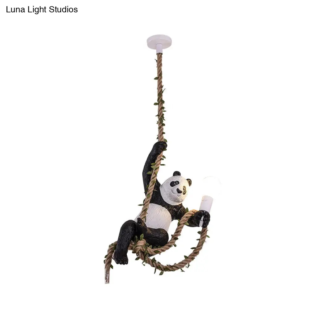 Creative Resin Panda Pendant Light Fixture With Rope Rod Black And White 1-Bulb Hanging Lamp Kit