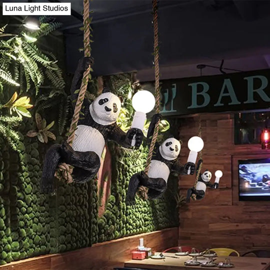 Creative Resin Panda Pendant Light Fixture With Rope Rod Black And White 1-Bulb Hanging Lamp Kit