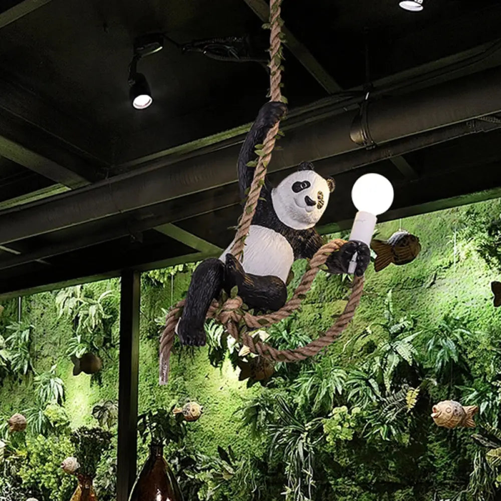 Creative Resin Panda Pendant Light Fixture With Rope Rod Black And White 1-Bulb Hanging Lamp Kit