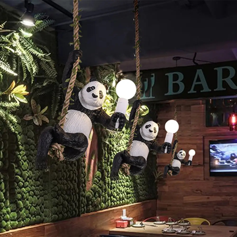 Creative Resin Panda Pendant Light Fixture With Rope Rod Black And White 1-Bulb Hanging Lamp Kit