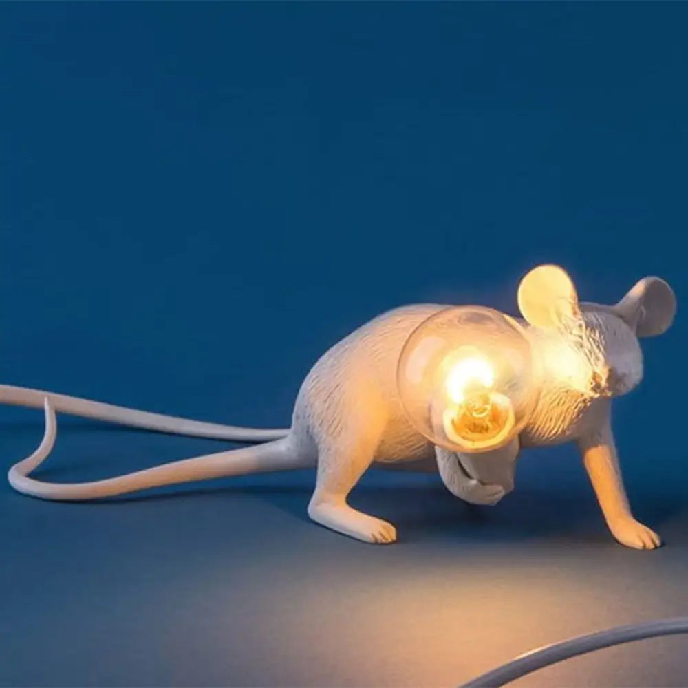 Creative Resin Rat Table Lamp With Bare Bulb Design - 1-Light Night Lighting White / Prone