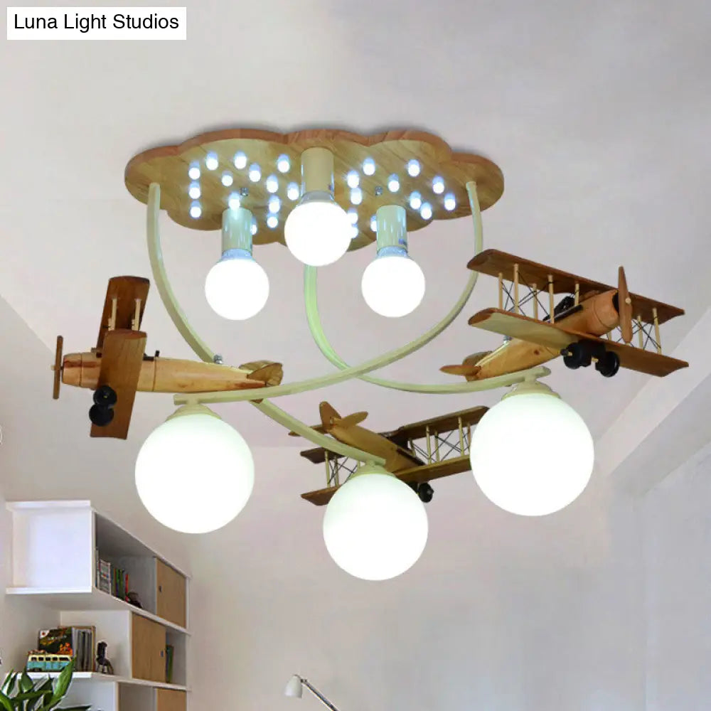 Creative Wooden Biplane Ceiling Lamp With 6 Heads In Brown For Boys Room - Flush Mount Light Globe