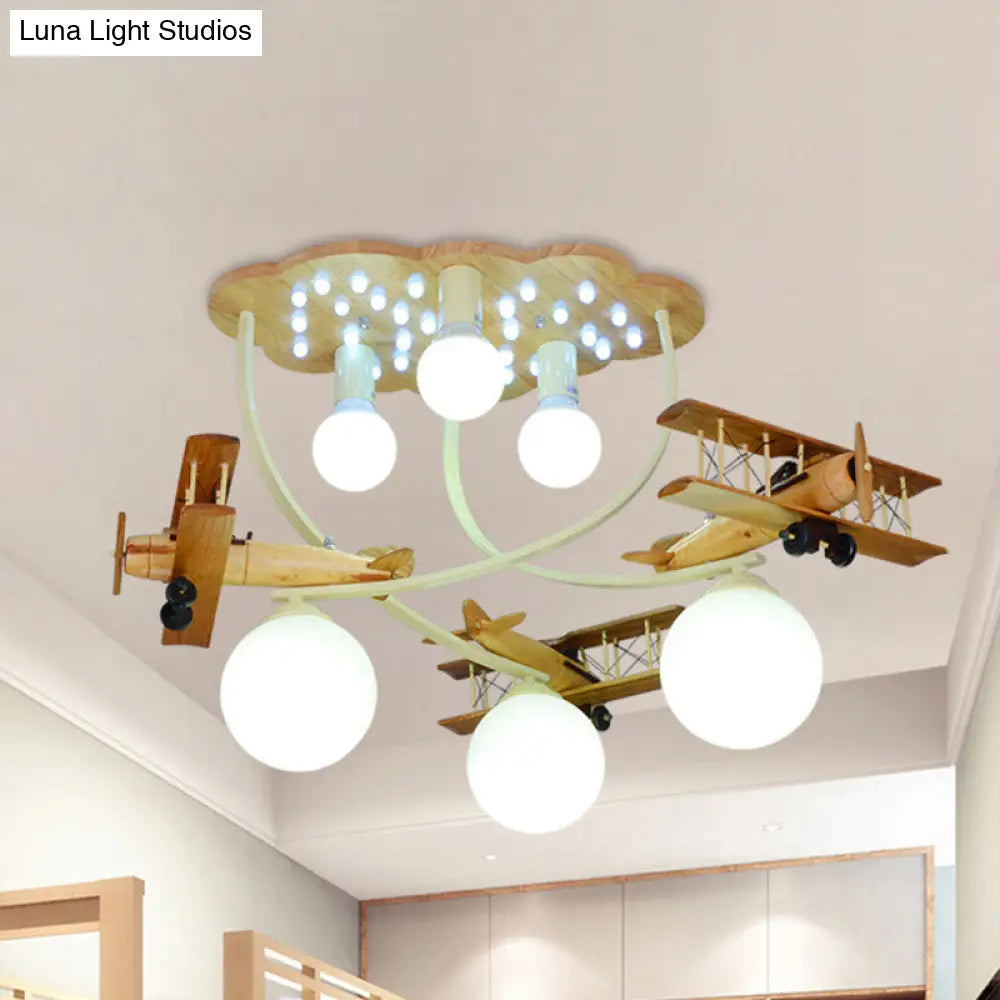 Creative Wooden Biplane Ceiling Lamp With 6 Heads In Brown For Boys Room - Flush Mount Light Globe