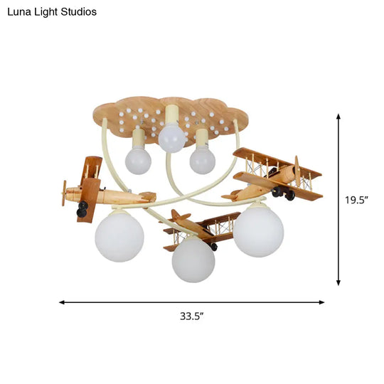 Creative Wooden Biplane Ceiling Lamp With 6 Heads In Brown For Boys Room - Flush Mount Light Globe