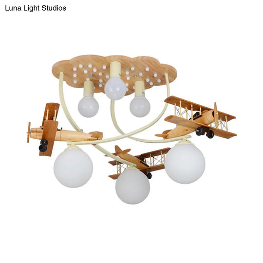 Creative Wooden Biplane Ceiling Lamp With 6 Heads In Brown For Boys Room - Flush Mount Light Globe