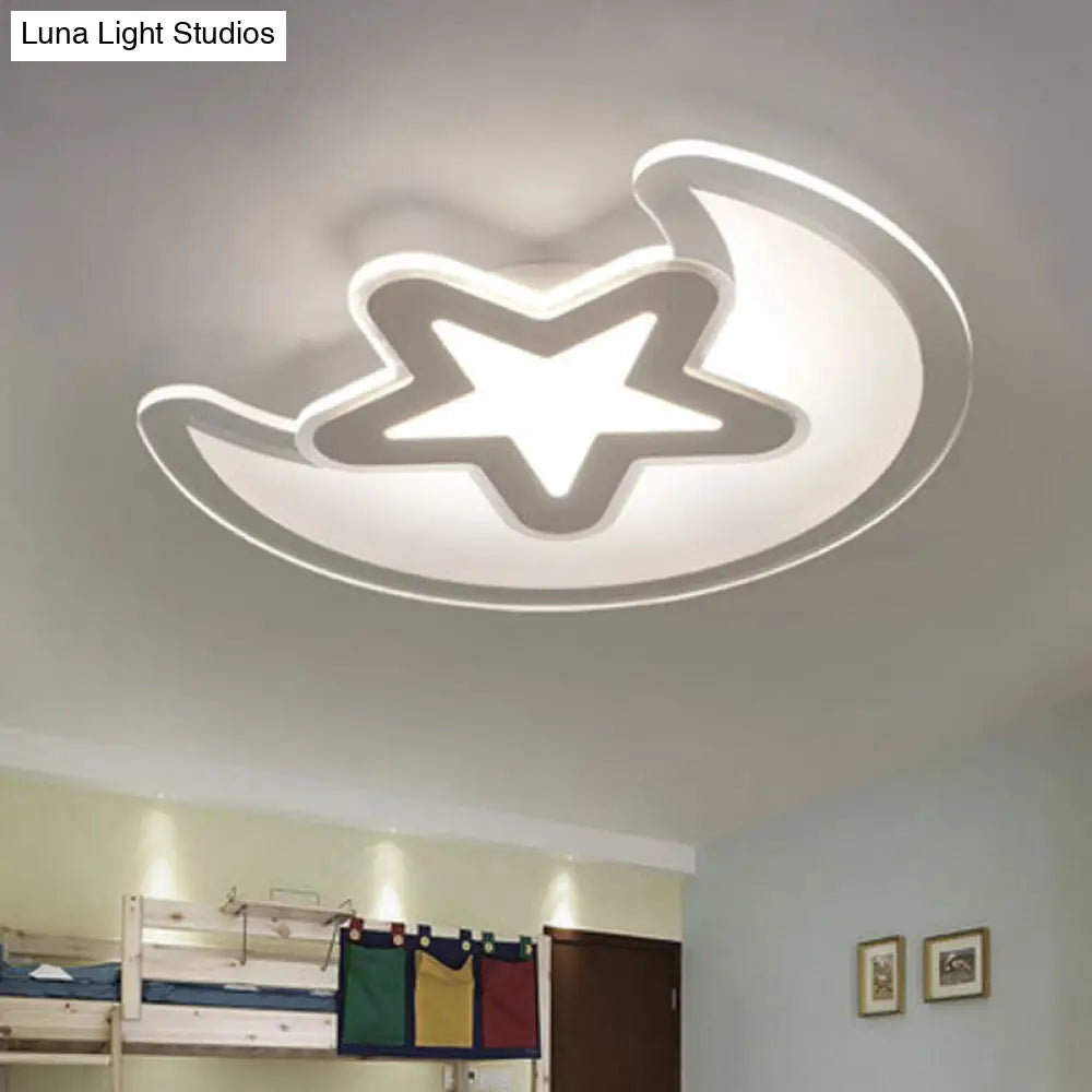 Crescent And Star Led Cartoon Ceiling Light For Childrens Room In White