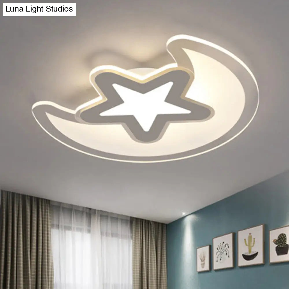 Crescent And Star Led Cartoon Ceiling Light For Children’s Room In White