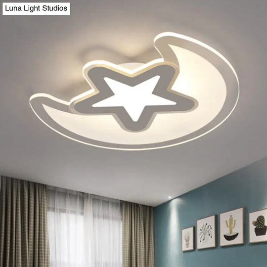 Crescent And Star Led Cartoon Ceiling Light For Children’s Room In White