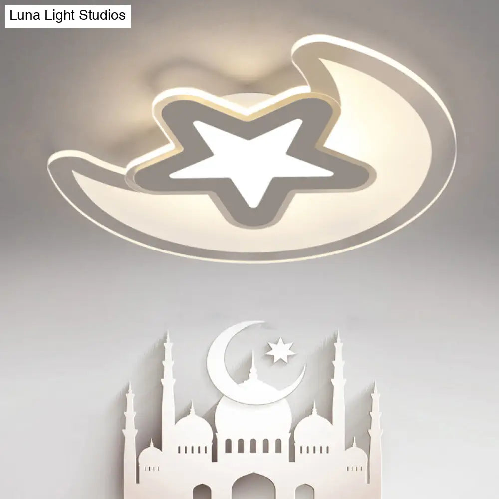 Crescent And Star Led Cartoon Ceiling Light For Childrens Room In White / 16.5 Inner Warm Outer