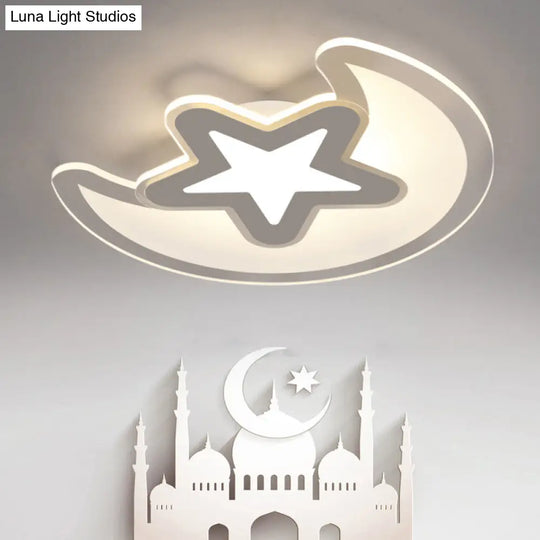 Crescent And Star Led Cartoon Ceiling Light For Childrens Room In White / 16.5 Inner Warm Outer