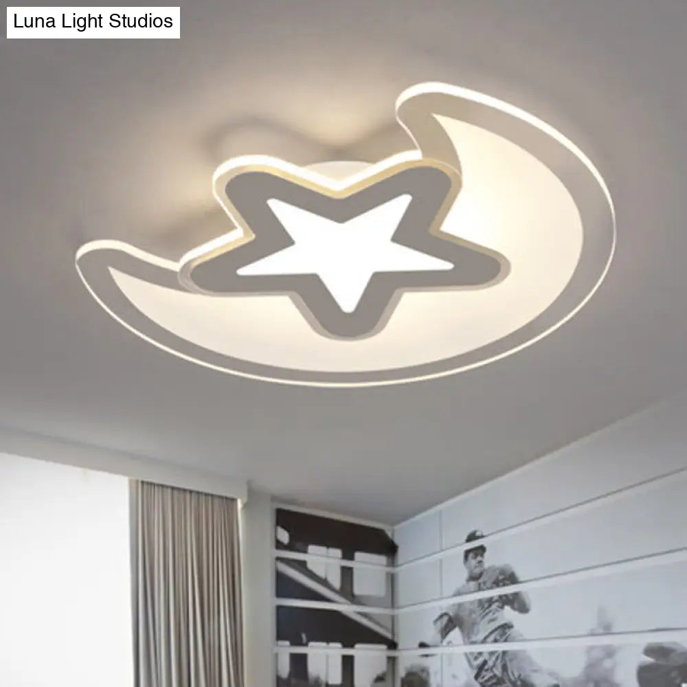 Crescent And Star Led Cartoon Ceiling Light For Children’s Room In White