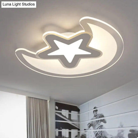 Crescent And Star Led Cartoon Ceiling Light For Children’s Room In White