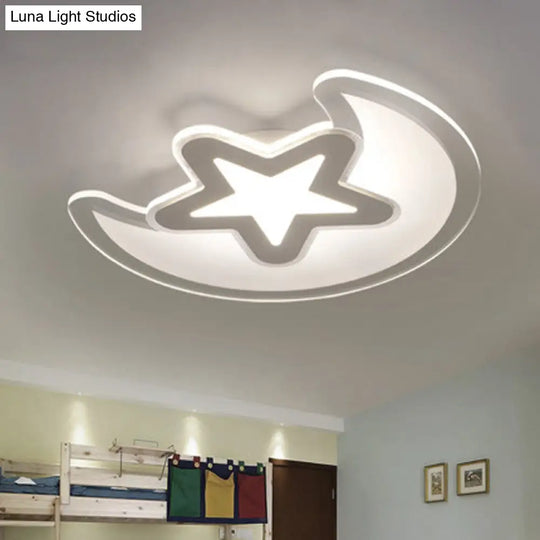 Crescent And Star Led Cartoon Ceiling Light For Children’s Room In White