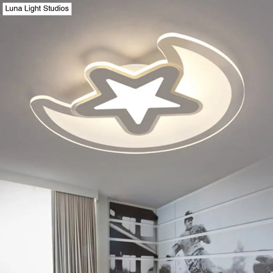 Crescent And Star Led Cartoon Ceiling Light For Childrens Room In White