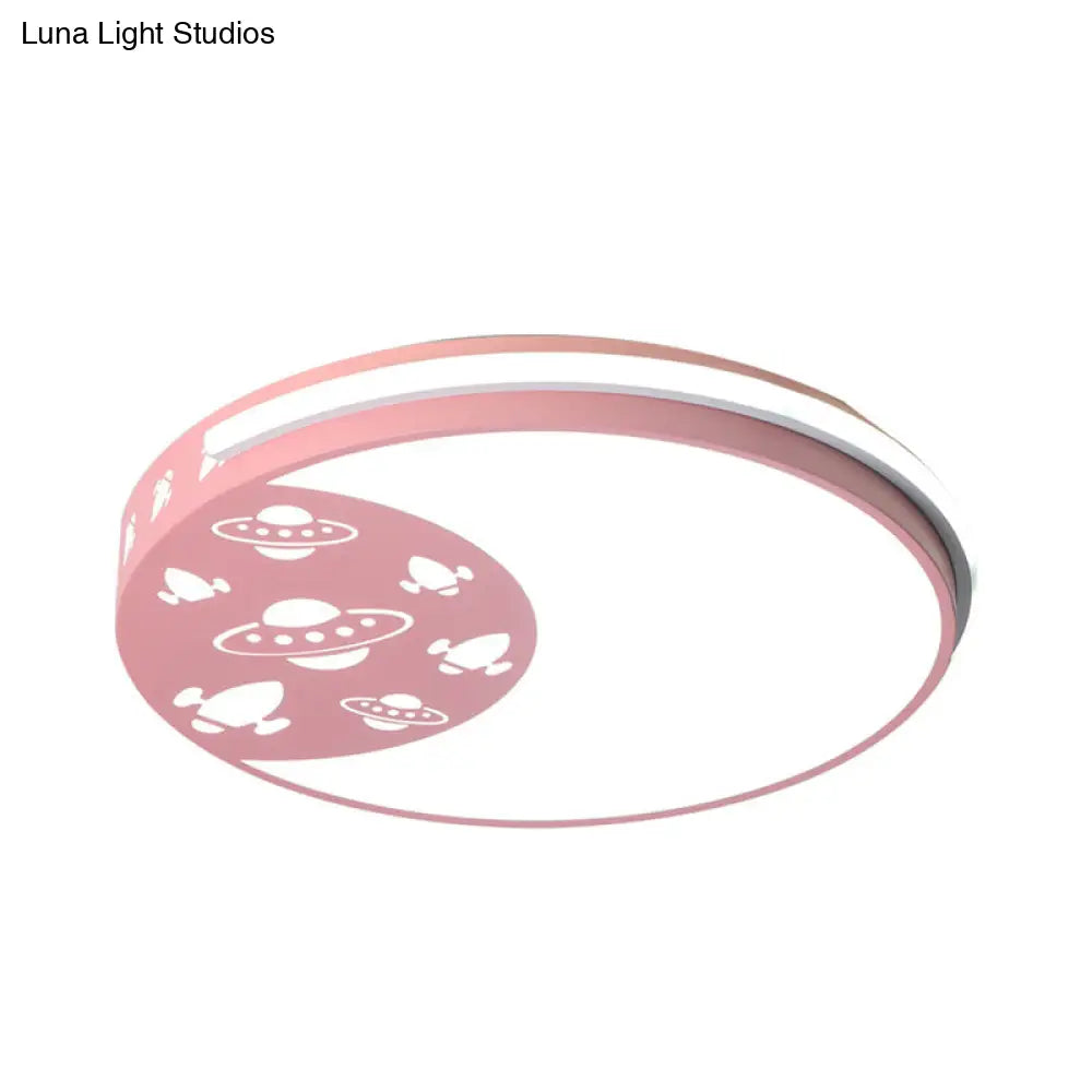 Crescent Led Flush Mount Kids Acrylic Ceiling Lamp In Blue/Black/Pink Outer Space Design For Child