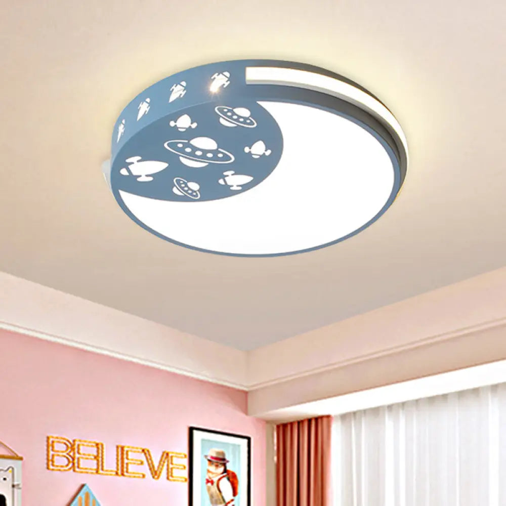 Crescent Led Flush Mount Kids Acrylic Ceiling Lamp In Blue/Black/Pink – Outer Space Design For