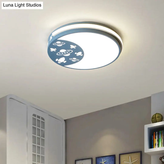 Crescent Led Flush Mount Kids Acrylic Ceiling Lamp In Blue/Black/Pink Outer Space Design For Child