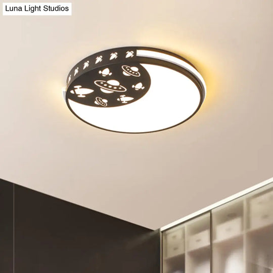 Crescent Led Flush Mount Kids Acrylic Ceiling Lamp In Blue/Black/Pink Outer Space Design For Child