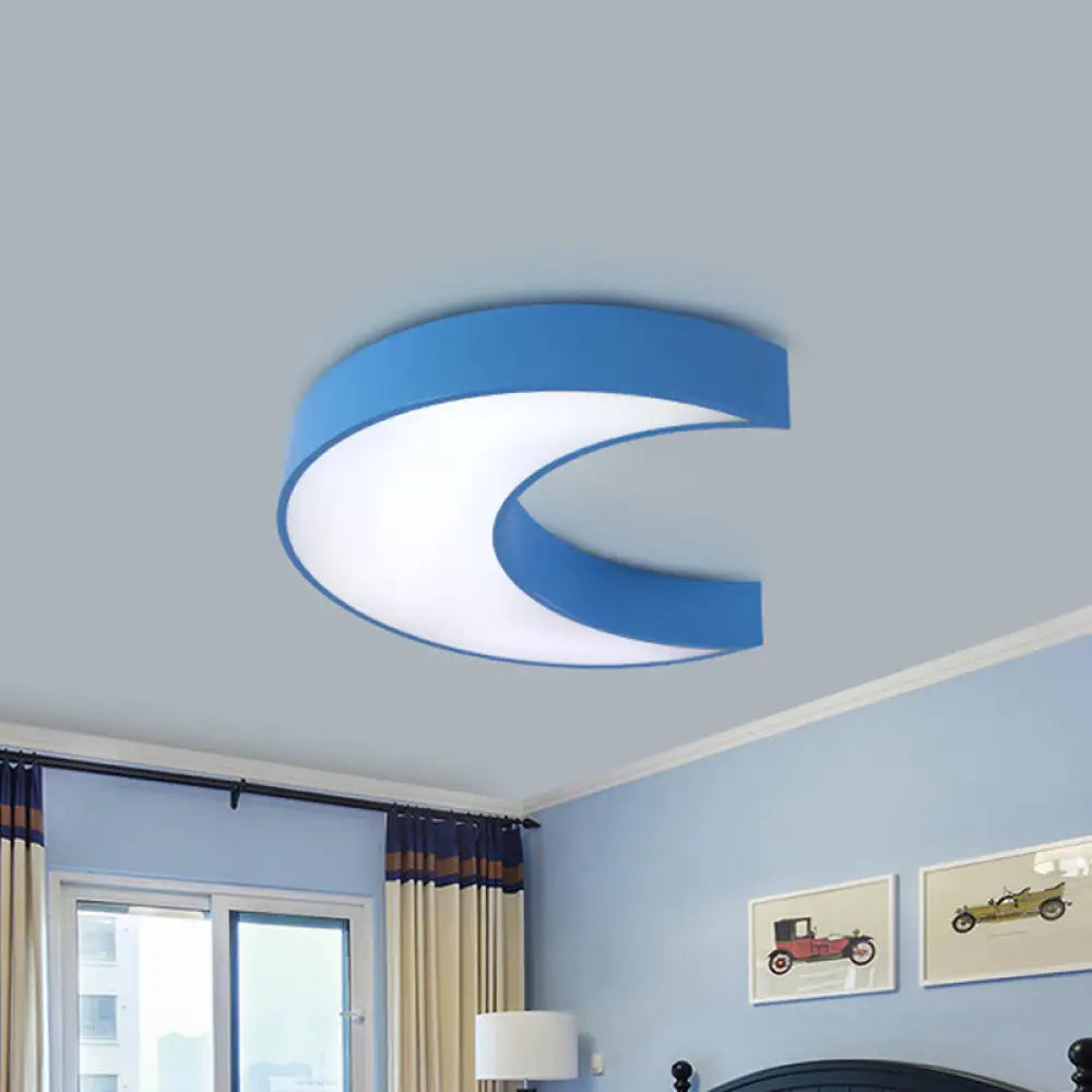 Crescent Moon Led Children Flush Mount Fixture In White/Yellow/Blue - Bedchamber Lighting Blue