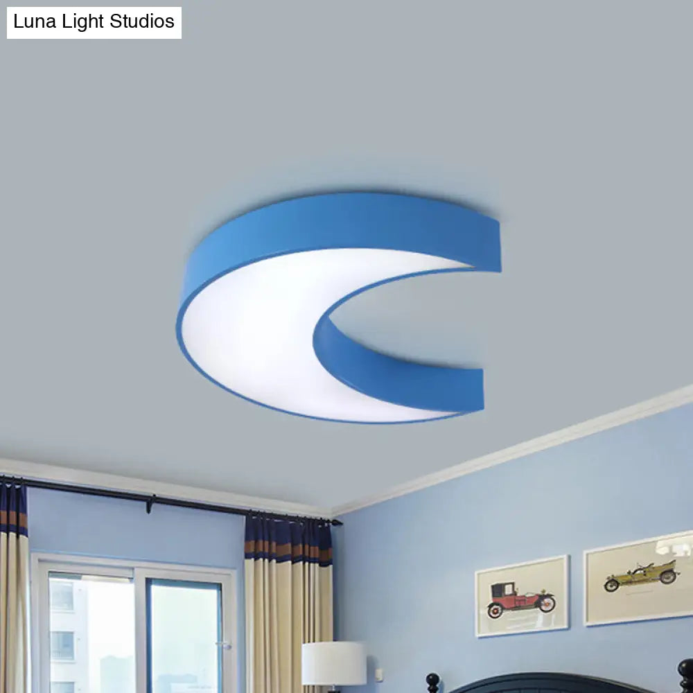 Crescent Moon Led Children Flush Mount Fixture In White/Yellow/Blue - Bedchamber Lighting Blue