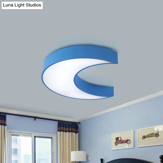 Crescent Moon Led Children Flush Mount Fixture In White/Yellow/Blue - Bedchamber Lighting Blue