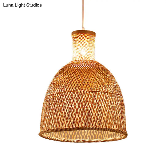 Bamboo Pendant Lamp: Bell/Bowl/Bottle Criss-Cross Woven Asian Hallway Drop Beige / D