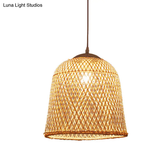 Bamboo Pendant Lamp: Bell/Bowl/Bottle Criss-Cross Woven Asian Hallway Drop Beige / E