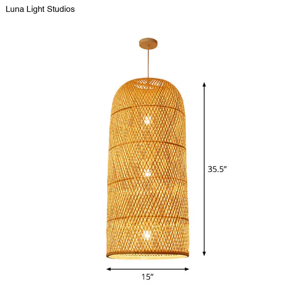 Bamboo Pendant Lamp: Bell/Bowl/Bottle Criss-Cross Woven Asian Hallway Drop Beige