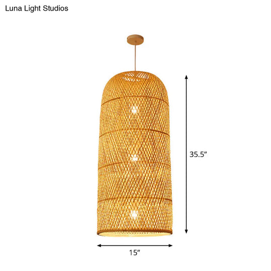 Bamboo Pendant Lamp: Bell/Bowl/Bottle Criss-Cross Woven Asian Hallway Drop Beige