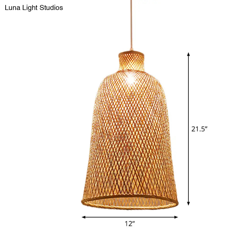 Criss-Cross Woven Bamboo Asian Pendant Lamp - Beige Color