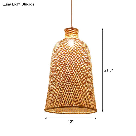 Criss-Cross Woven Bamboo Asian Pendant Lamp - Beige Color