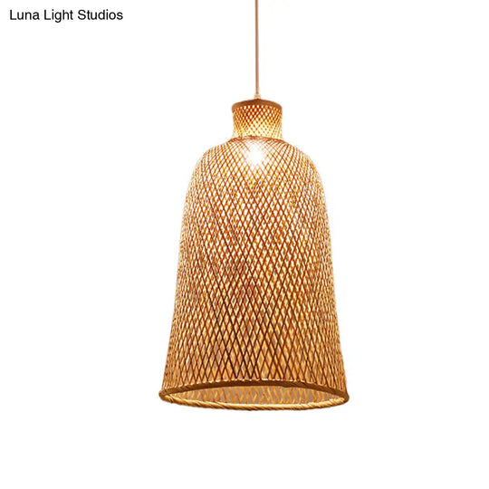 Bamboo Pendant Lamp: Bell/Bowl/Bottle Criss-Cross Woven Asian Hallway Drop Beige / C