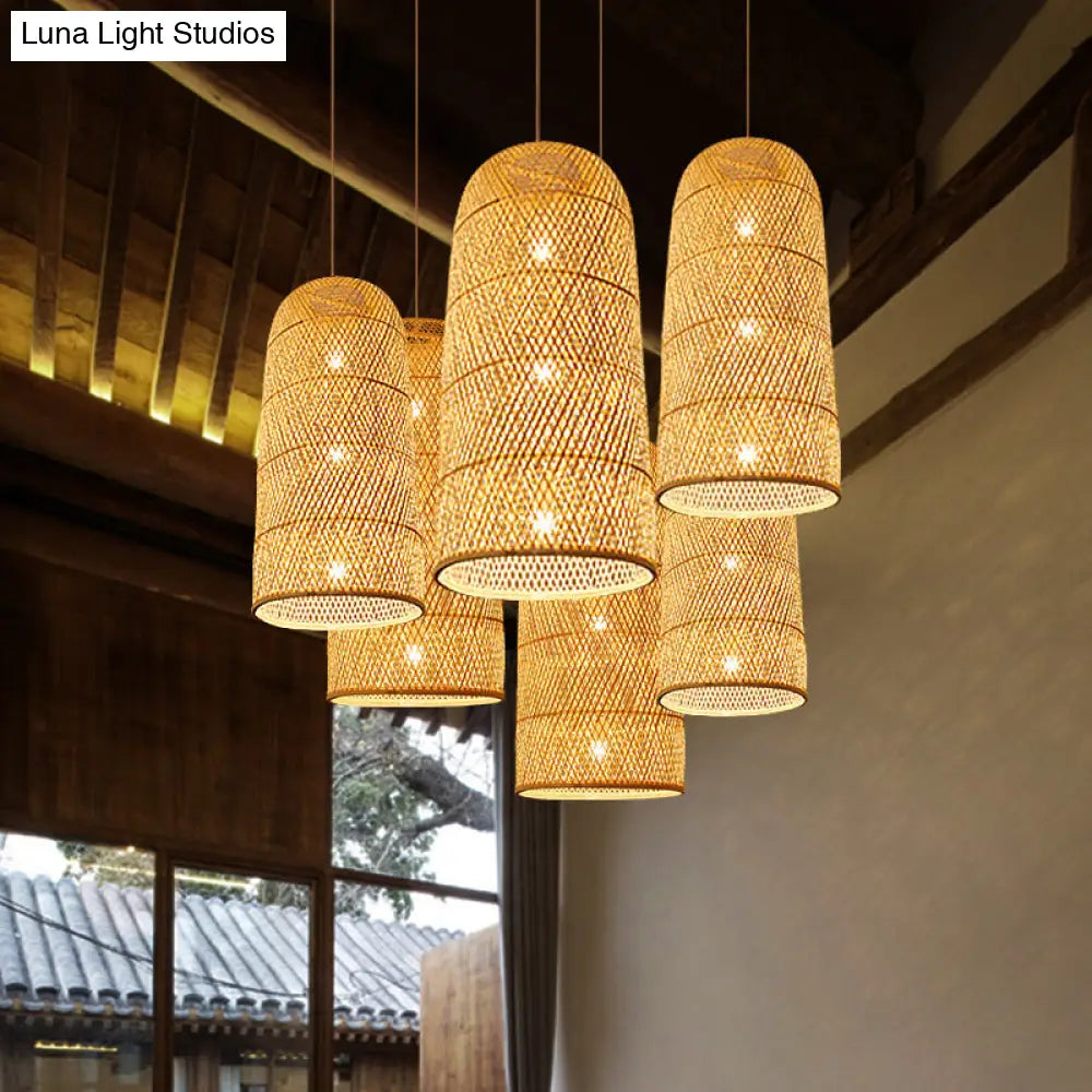 Bamboo Pendant Lamp: Bell/Bowl/Bottle Criss-Cross Woven Asian Hallway Drop Beige / A