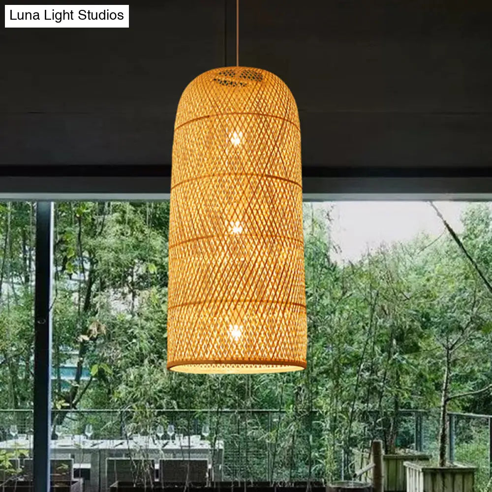 Bamboo Pendant Lamp: Bell/Bowl/Bottle Criss-Cross Woven Asian Hallway Drop Beige