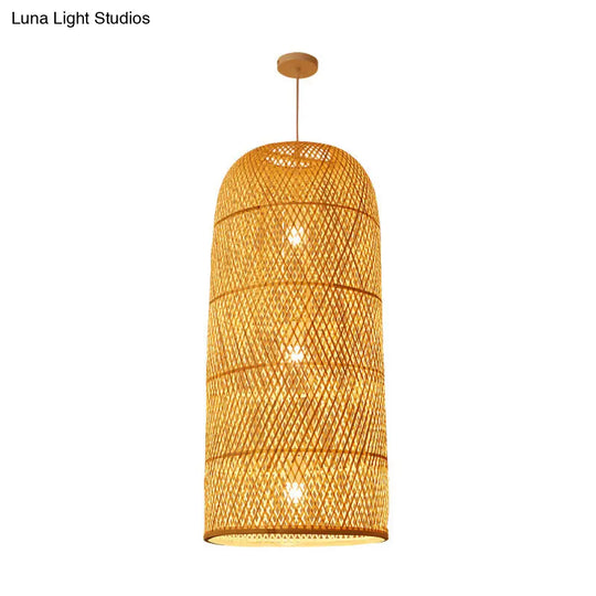 Bamboo Pendant Lamp: Bell/Bowl/Bottle Criss-Cross Woven Asian Hallway Drop Beige