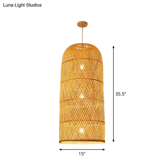 Criss-Cross Woven Bamboo Asian Pendant Lamp - Beige Color