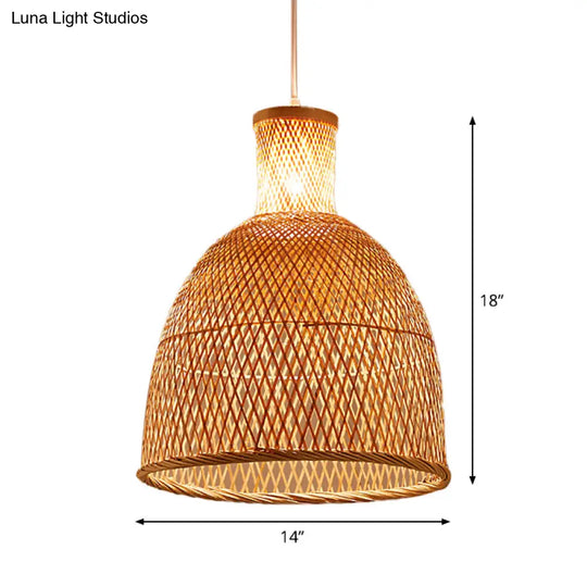 Criss-Cross Woven Bamboo Asian Pendant Lamp - Beige Color