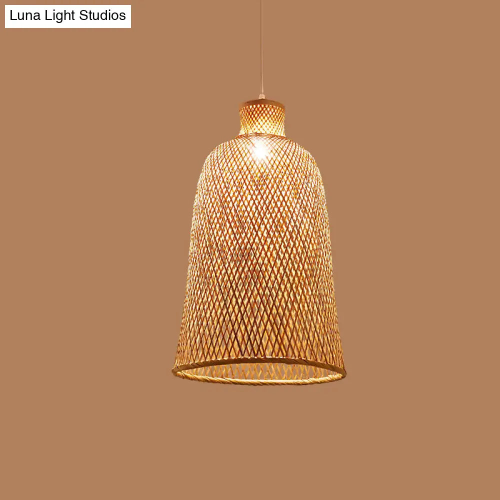 Bamboo Pendant Lamp: Bell/Bowl/Bottle Criss-Cross Woven Asian Hallway Drop Beige