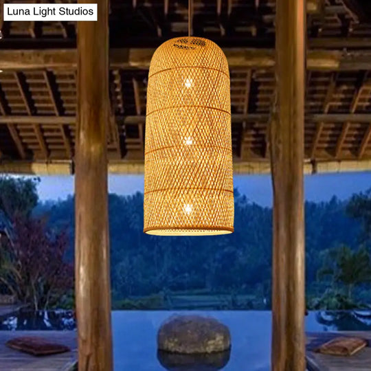 Bamboo Pendant Lamp: Bell/Bowl/Bottle Criss-Cross Woven Asian Hallway Drop Beige