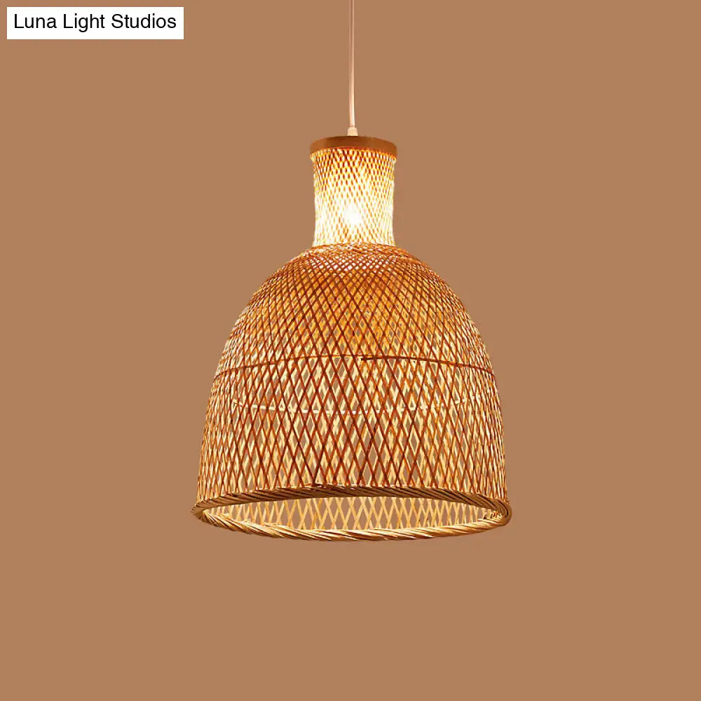 Bamboo Pendant Lamp: Bell/Bowl/Bottle Criss-Cross Woven Asian Hallway Drop Beige