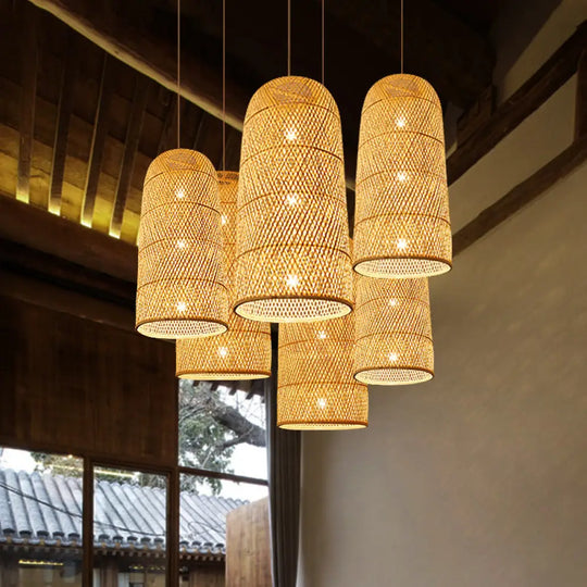 Criss-Cross Woven Bamboo Asian Pendant Lamp - Beige Color / A