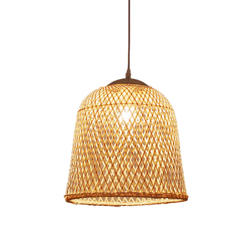 Criss-Cross Woven Bamboo Asian Pendant Lamp - Beige Color / E