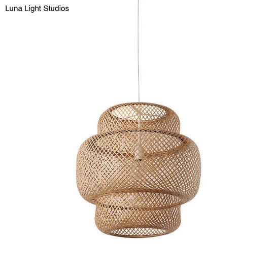 Criss-Cross Woven Bamboo Lantern Pendant Asian Style Hanging Light In Black/Beige 15’/19.5’ W