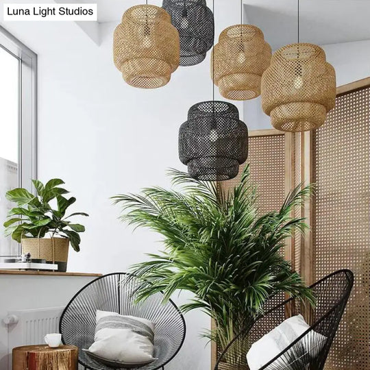 Criss-Cross Woven Lantern Pendant - Asian Style Bamboo Hanging Light 1 Bulb Black/Beige 15/19.5