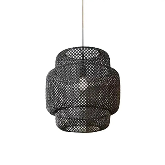 Criss-Cross Woven Bamboo Lantern Pendant Asian Style Hanging Light In Black/Beige 15’/19.5’ W